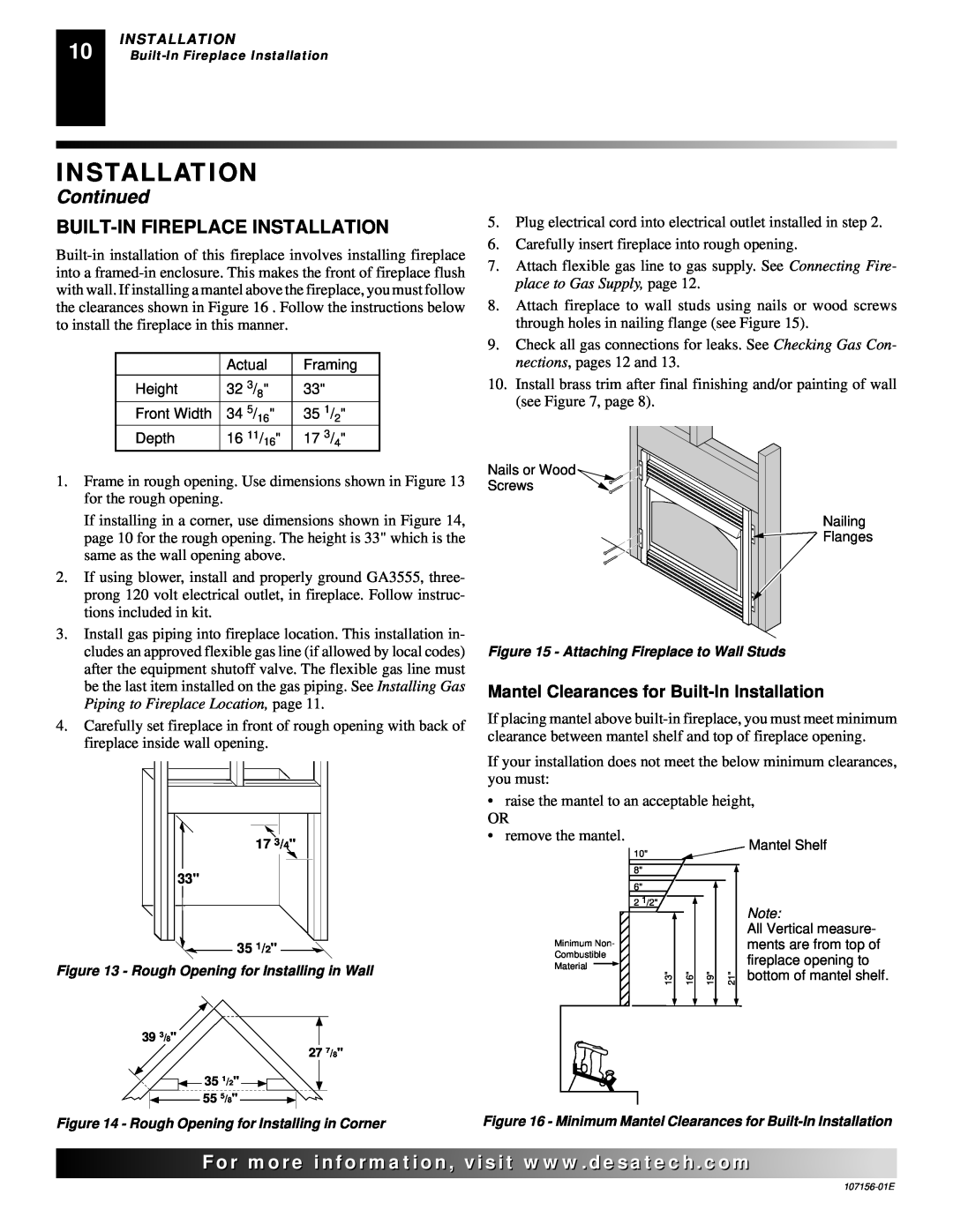 Vanguard Heating 107156-01E.pdf Built-Infireplace Installation, Mantel Clearances for Built-InInstallation, Continued 