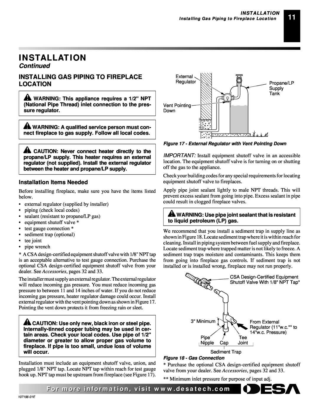 Vanguard Heating 107156-01E.pdf Installing Gas Piping To Fireplace Location, Installation Items Needed, Continued 