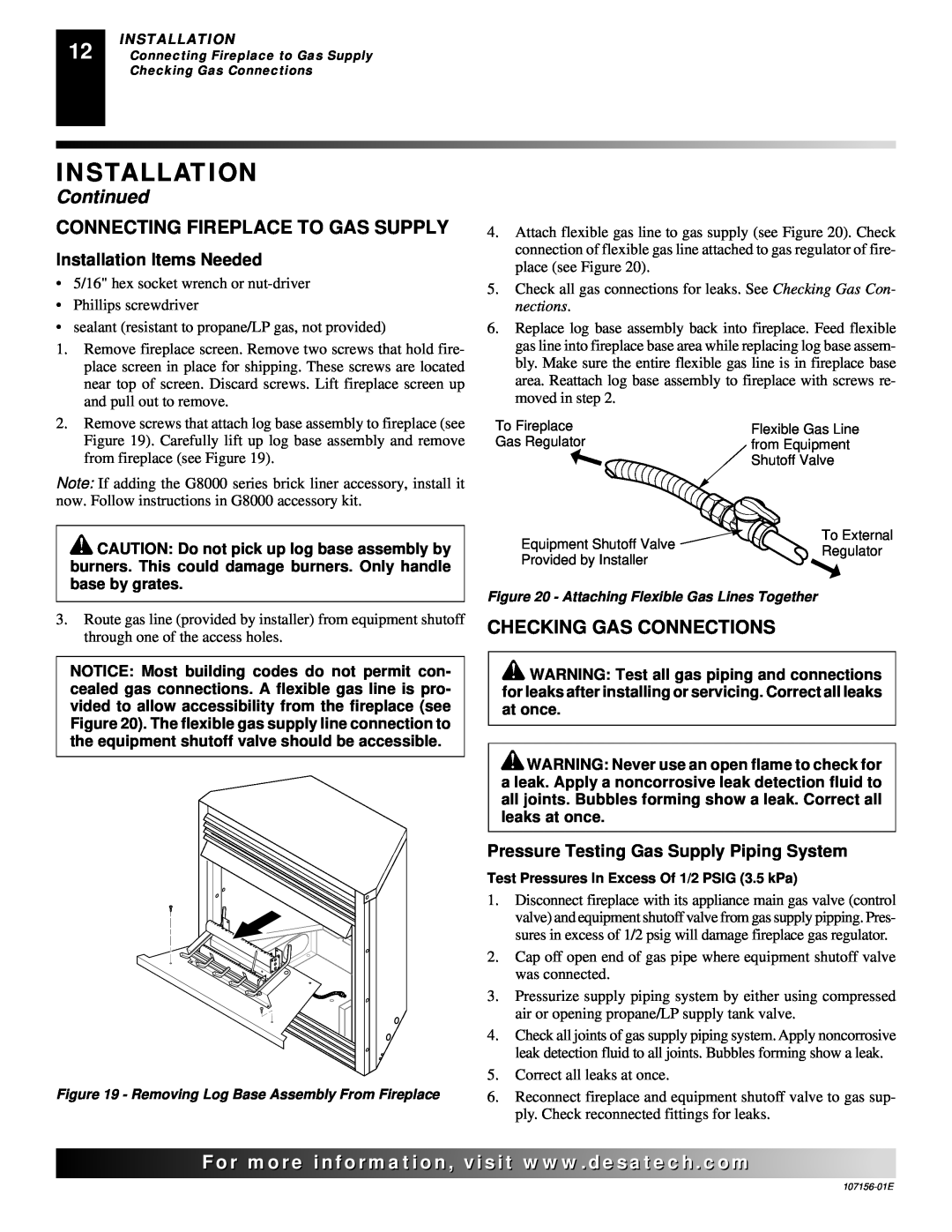 Vanguard Heating 107156-01E.pdf Connecting Fireplace To Gas Supply, Checking Gas Connections, Installation, Continued 