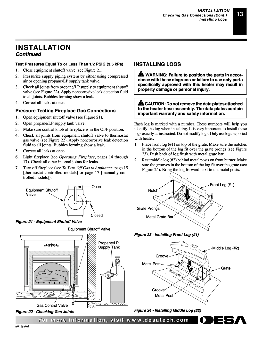 Vanguard Heating 107156-01E.pdf Installing Logs, Pressure Testing Fireplace Gas Connections, Installation, Continued 
