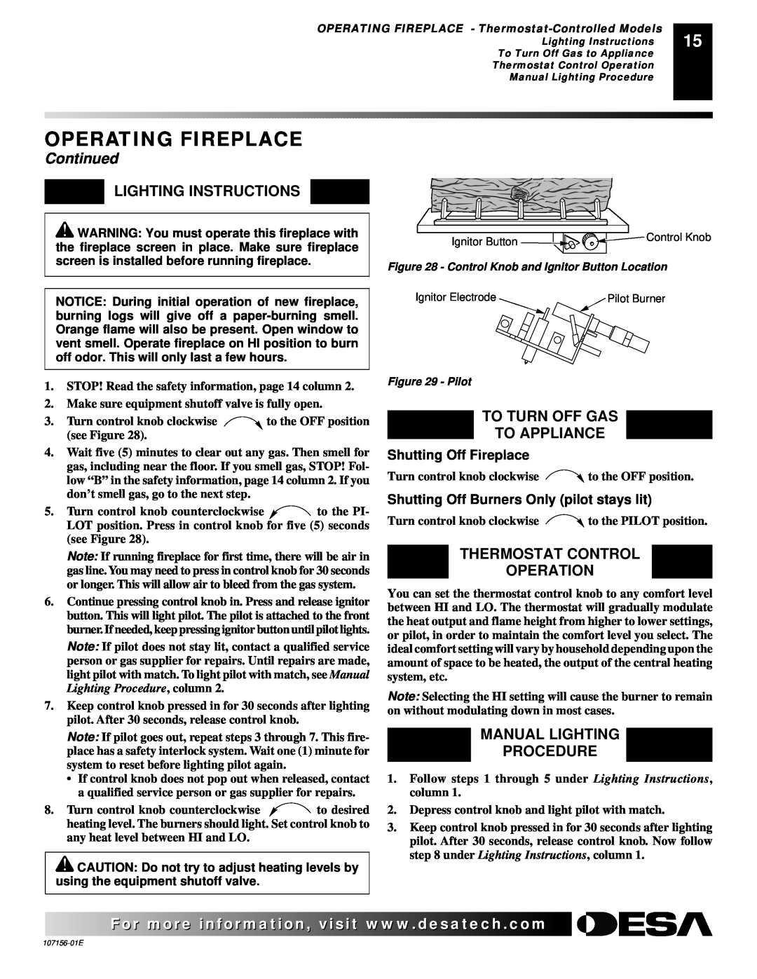 Vanguard Heating 107156-01E.pdf Lighting Instructions, To Turn Off Gas To Appliance, Thermostat Control Operation 