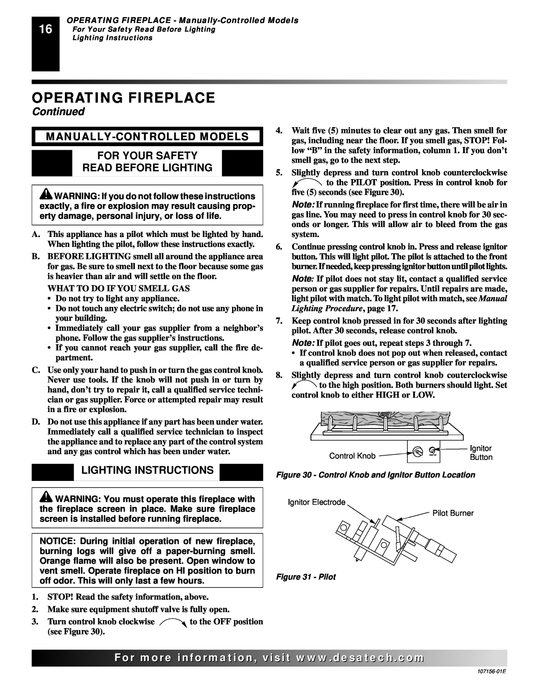 Vanguard Heating 107156-01E.pdf Manually-Controlledmodels For Your Safety, Operating Fireplace, Continued 