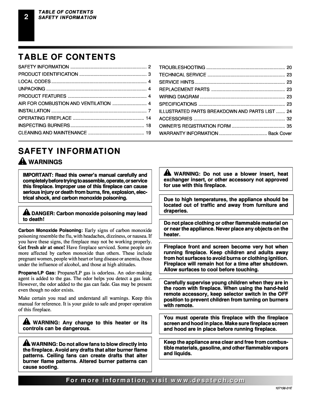 Vanguard Heating 107156-01E.pdf installation manual Table Of Contents, Safety Information, Warnings 