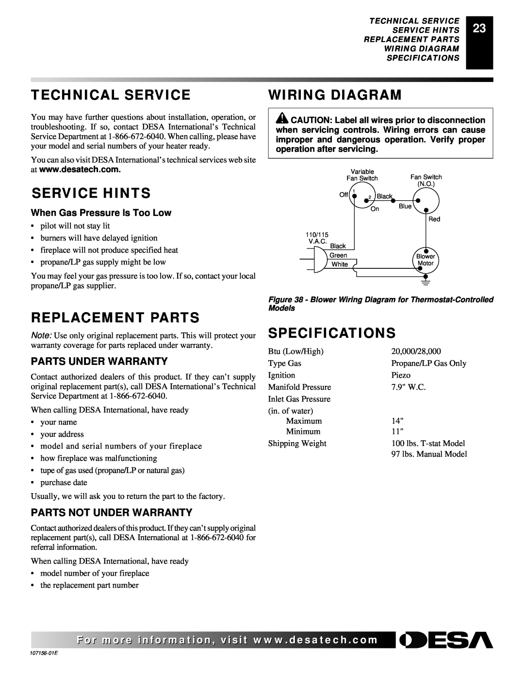 Vanguard Heating 107156-01E.pdf Technical Service, Wiring Diagram, Service Hints, Replacement Parts, Specifications 