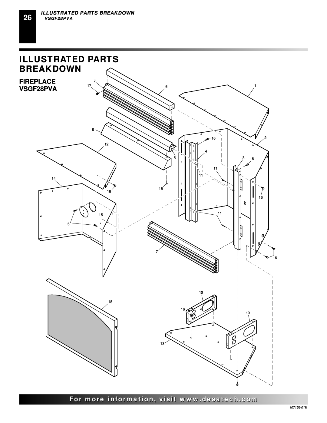 Vanguard Heating 107156-01E.pdf installation manual Fireplace, Illustrated Parts Breakdown, VSGF28PVA 
