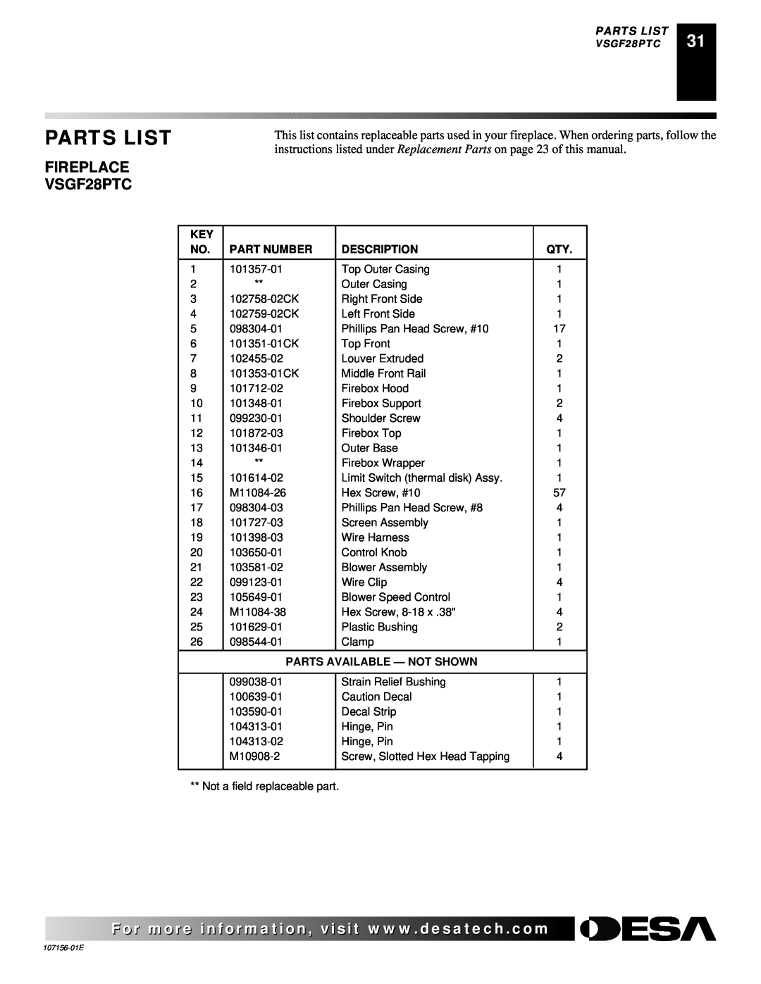 Vanguard Heating 107156-01E.pdf FIREPLACE VSGF28PTC, Parts List, Part Number, Description, Parts Available - Not Shown 