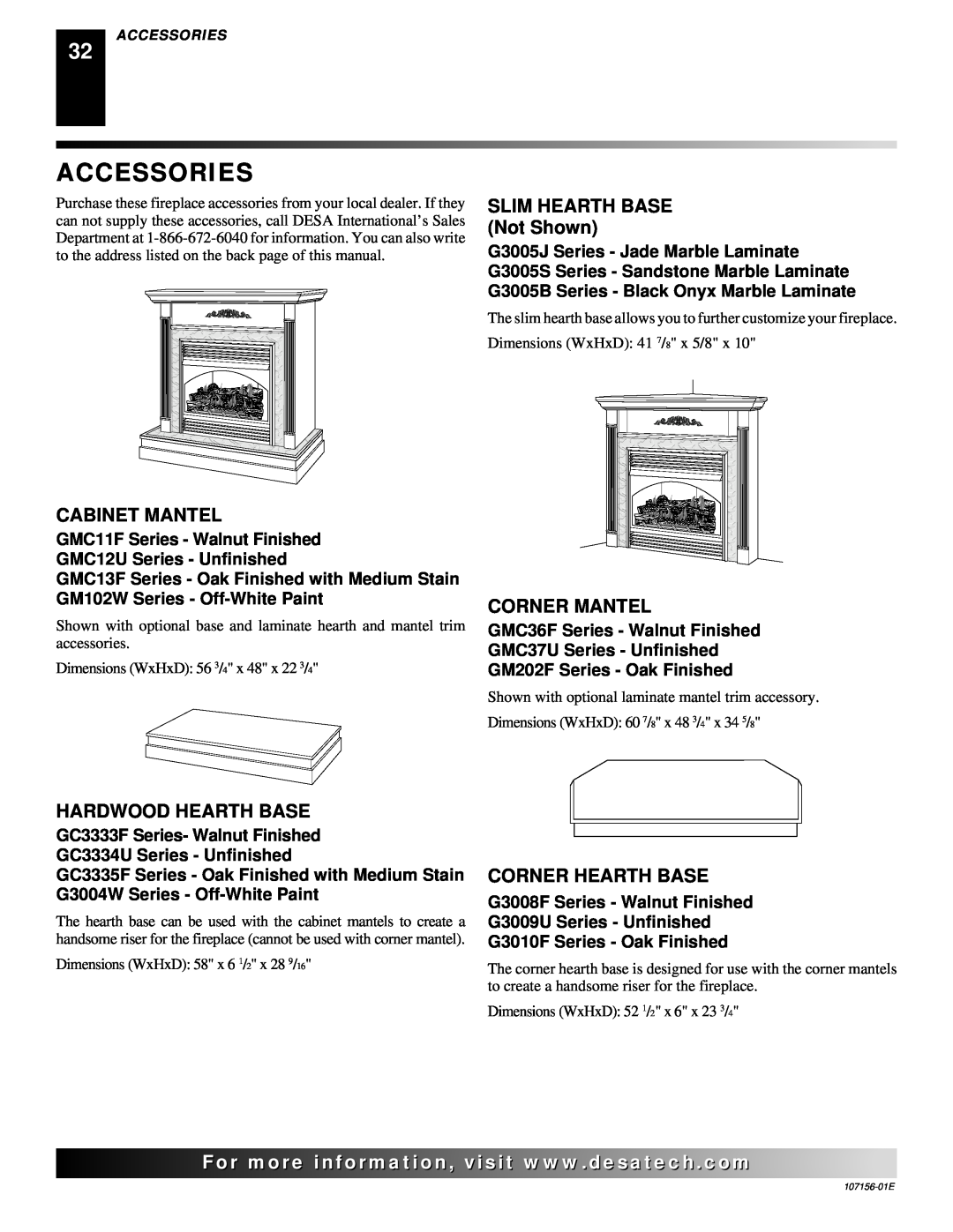 Vanguard Heating 107156-01E.pdf Accessories, Cabinet Mantel, SLIM HEARTH BASE Not Shown, Corner Mantel, Corner Hearth Base 