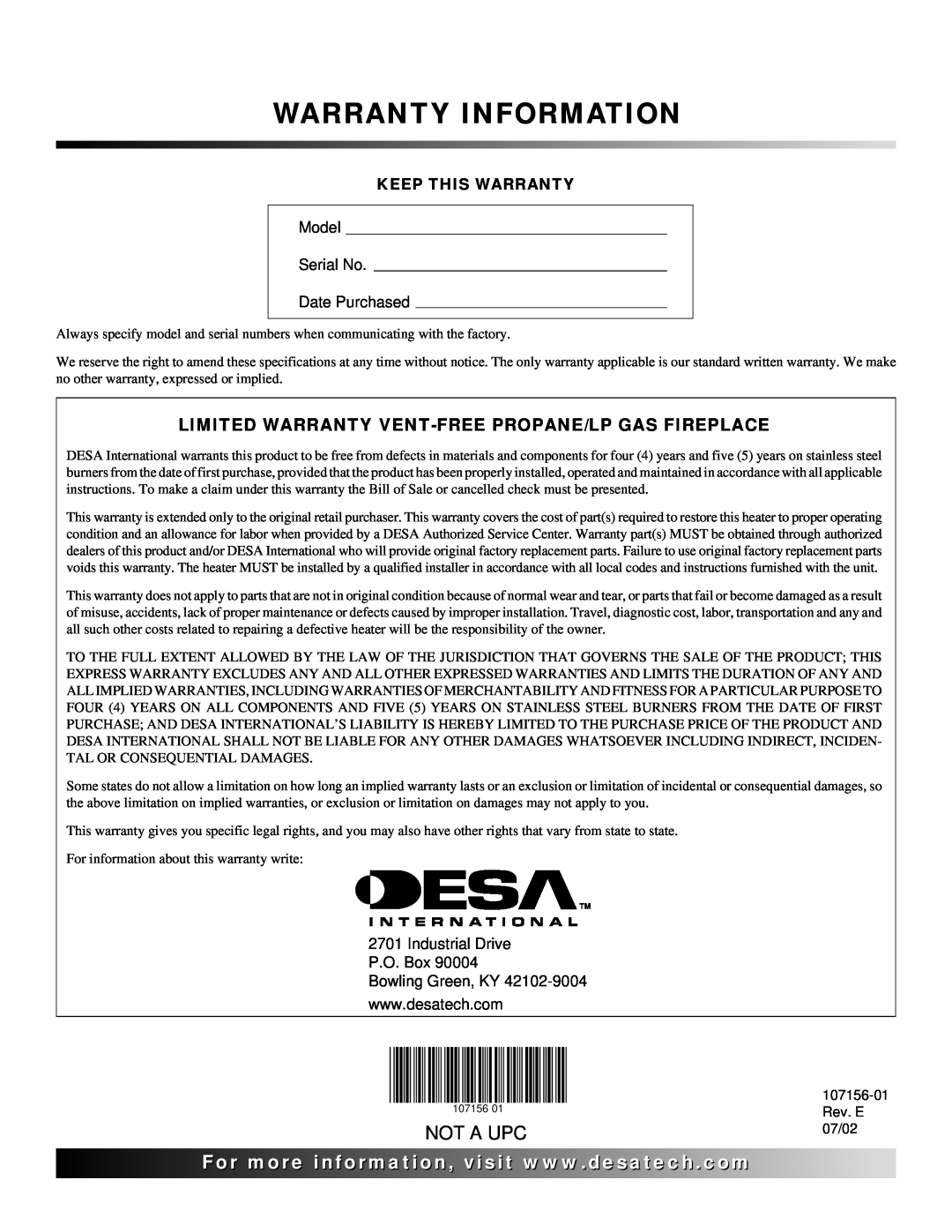 Vanguard Heating 107156-01E.pdf installation manual Warranty Information, Not A Upc, Model Serial No Date Purchased 