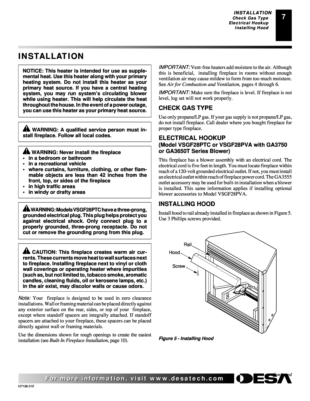 Vanguard Heating 107156-01E.pdf Installation, Check Gas Type, Electrical Hookup, Installing Hood, For more, visit www 