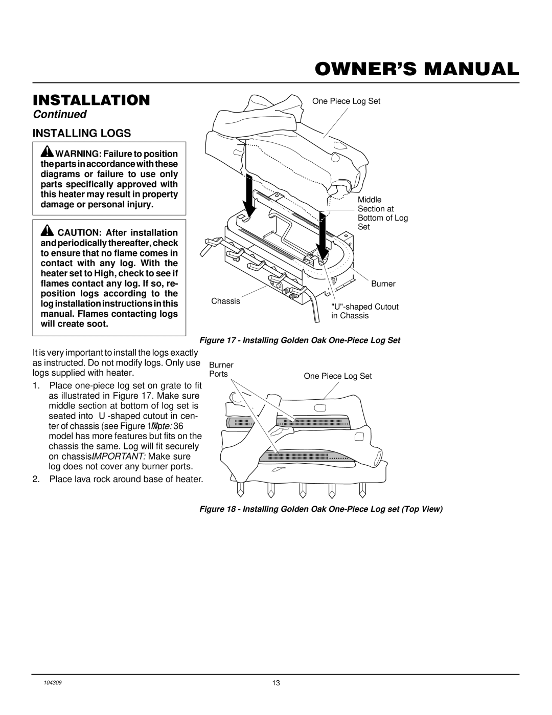 Vanguard Heating 24, 36 Flame Oak Log, 18, 30 installation manual Installing Logs, Installing Golden Oak One-Piece Log Set 