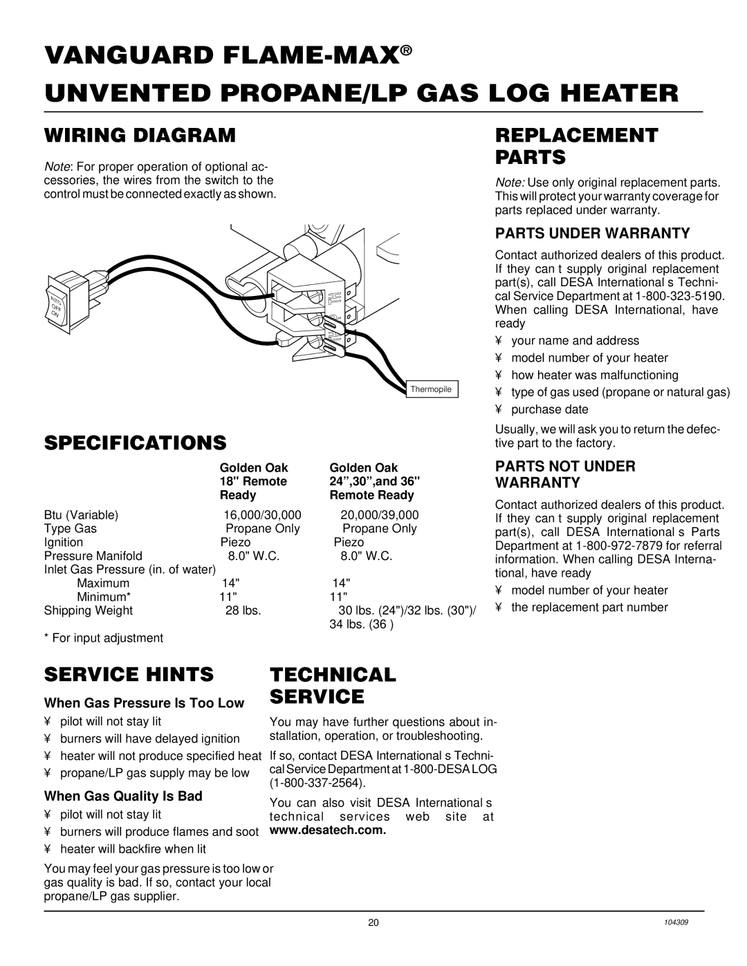 Vanguard Heating 36 Flame Oak Log, 24 Wiring Diagram Replacement Parts, Specifications, Service Hints, Technical Service 