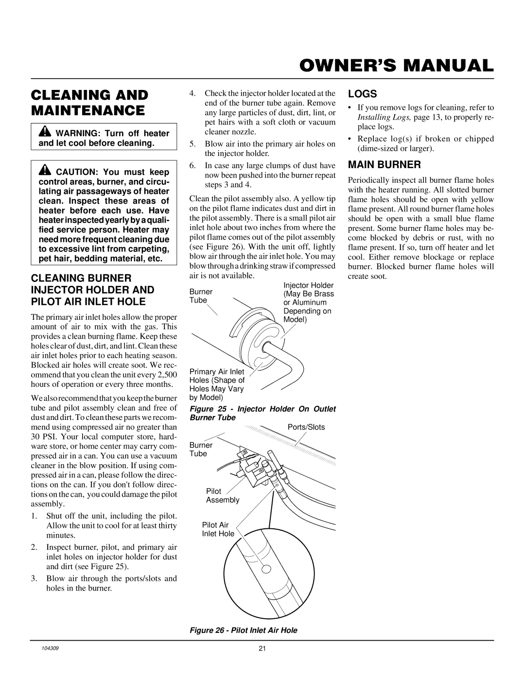 Vanguard Heating 24, 18, 30 Cleaning and Maintenance, Cleaning Burner Injector Holder and Pilot AIR Inlet Hole, Logs 