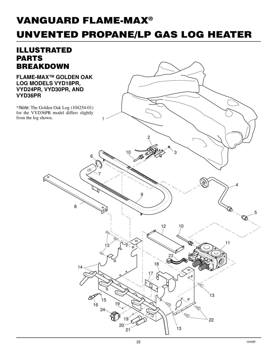 Vanguard Heating 18, 36 Flame Oak Log, 24, 30 installation manual Illustrated Parts Breakdown 