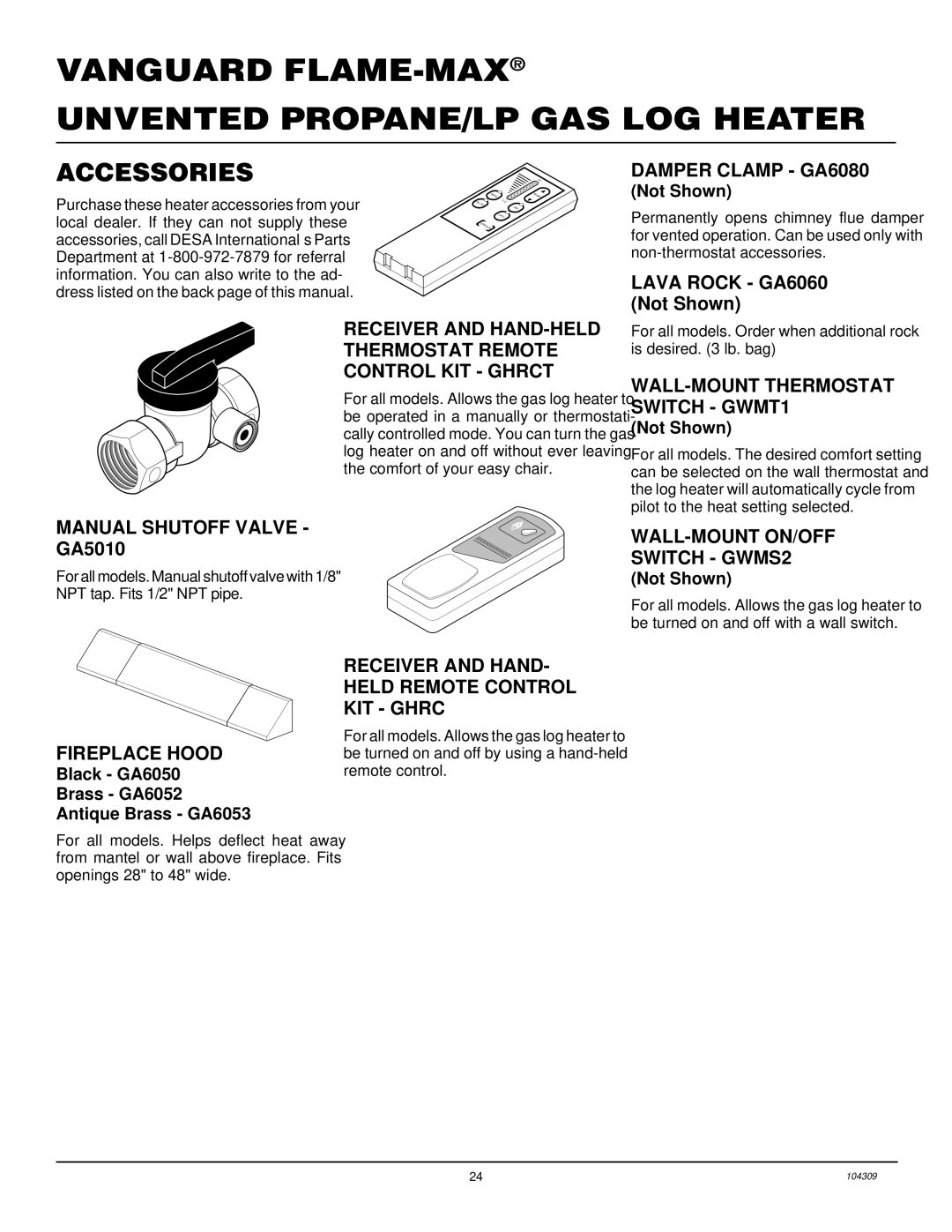 Vanguard Heating 36 Flame Oak Log, 24, 18, 30 installation manual Accessories 