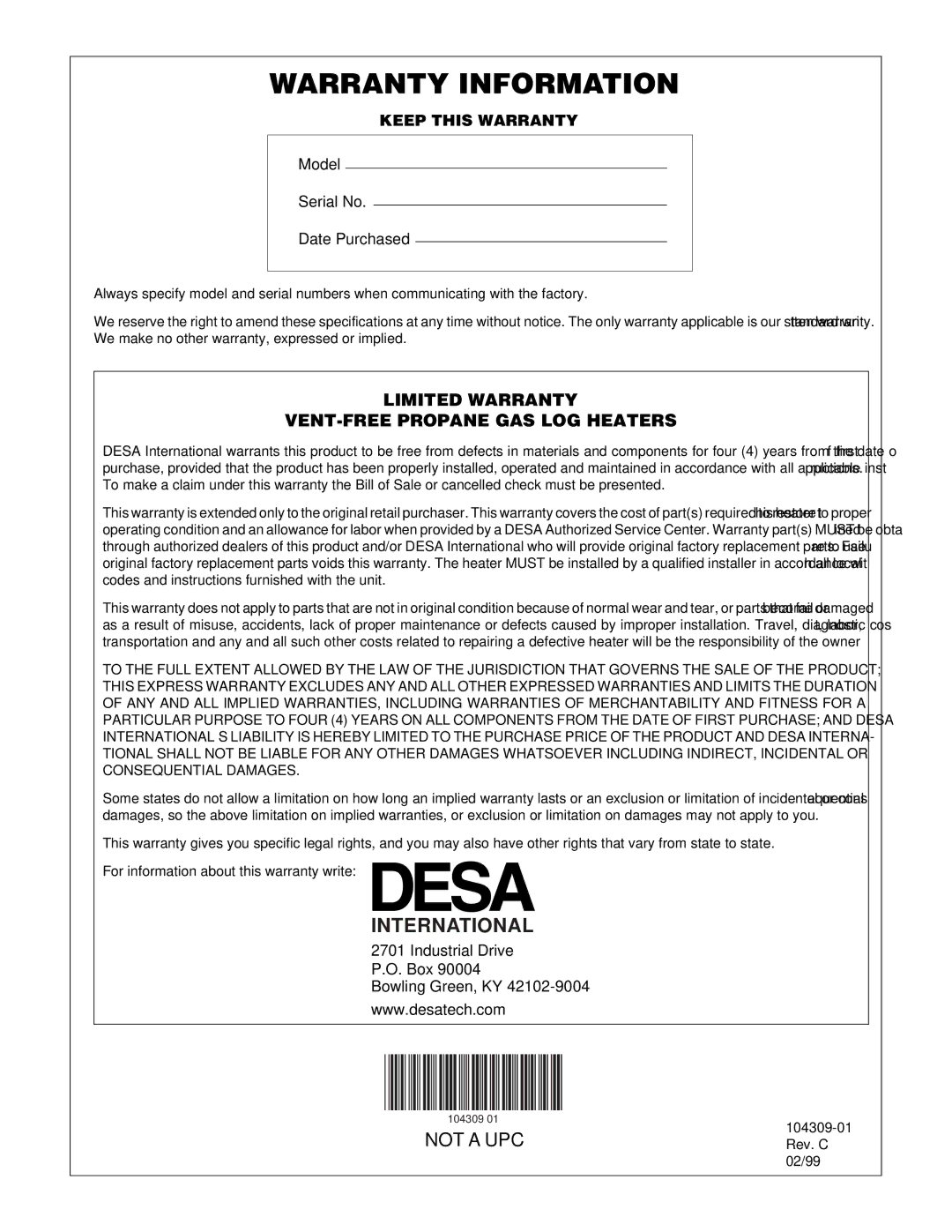 Vanguard Heating 18, 36 Flame Oak Log, 24, 30 installation manual Warranty Information 