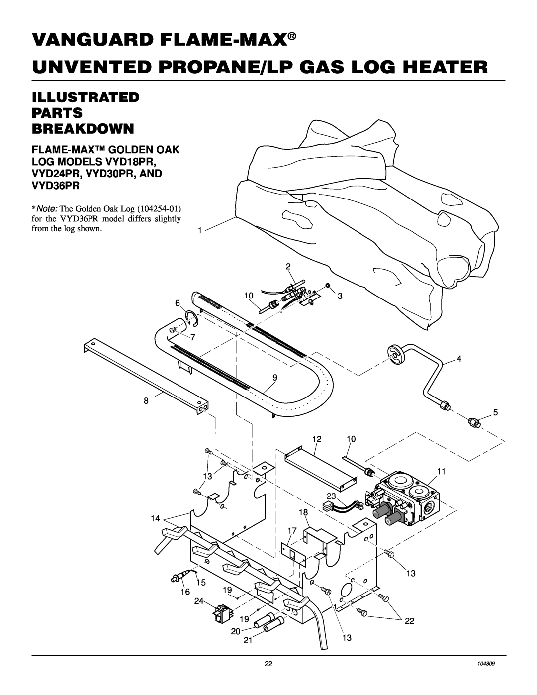Vanguard Heating Illustrated Parts Breakdown, FLAME-MAXGOLDEN OAK LOG MODELS VYD18PR, VYD24PR, VYD30PR, AND VYD36PR 