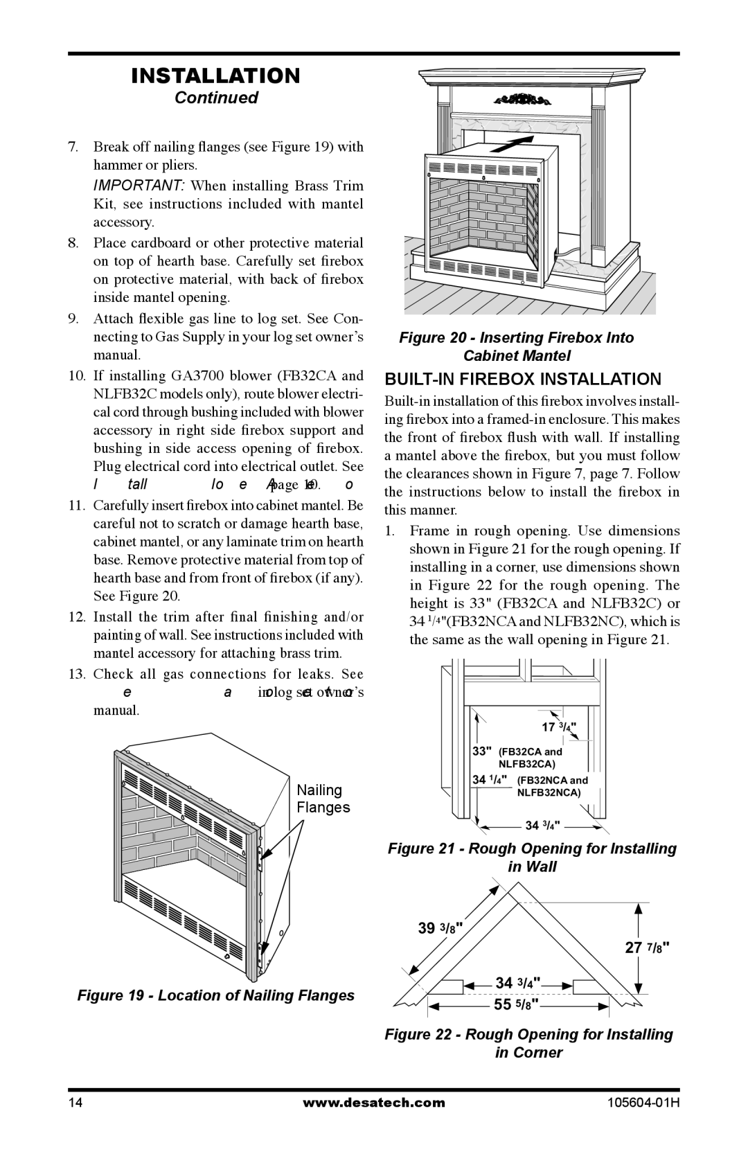 Vanguard Heating NLFB32C, FB32CA, FB32NCA, NLFB32NC dimensions BUILT-IN Firebox Installation, 27 7/8 