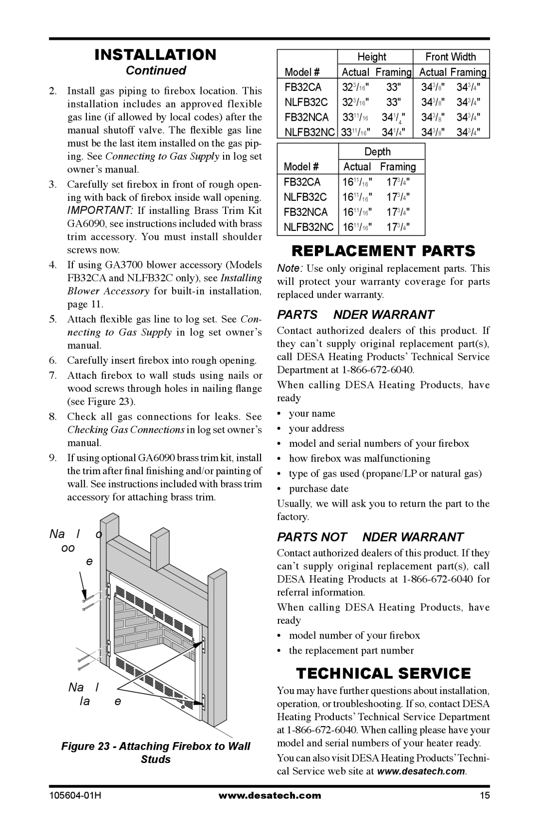 Vanguard Heating NLFB32NC, FB32CA Replacement Parts, Technical Service, Parts Under Warranty, Parts not Under Warranty 