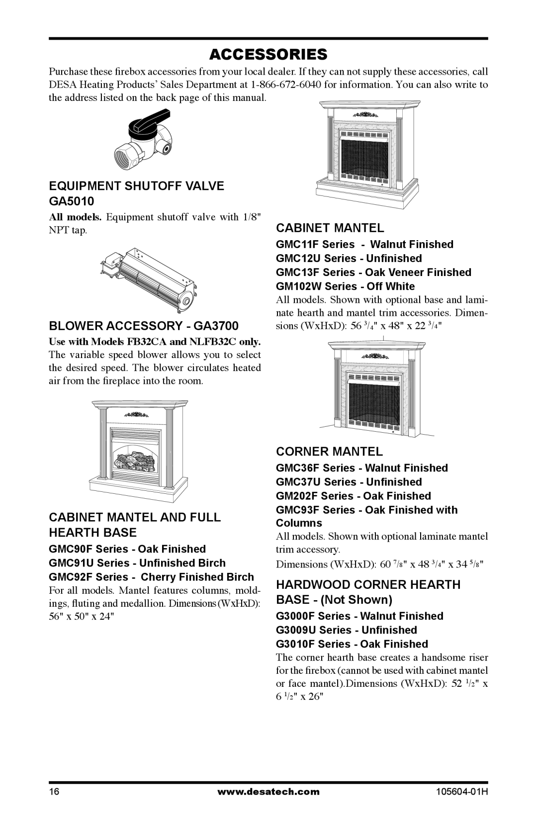 Vanguard Heating FB32CA, FB32NCA, NLFB32C, NLFB32NC dimensions Accessories 