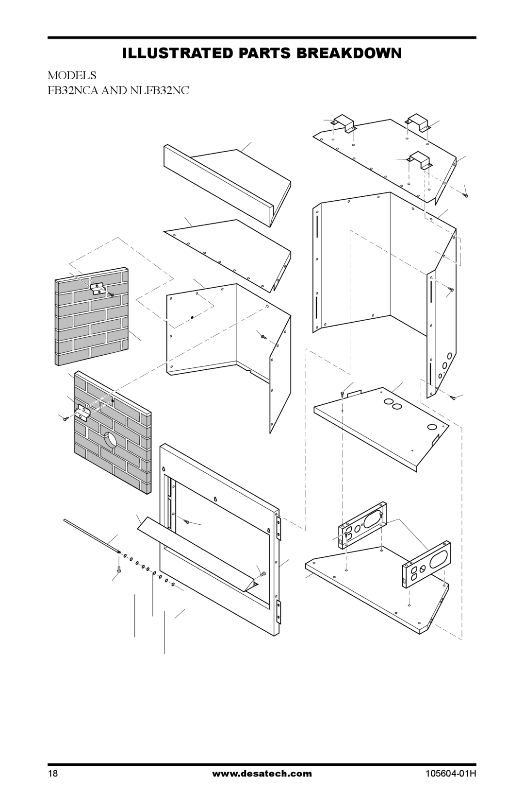 Vanguard Heating NLFB32C, FB32CA dimensions Illustrated Parts Breakdown, Models FB32NCA and NLFB32NC 