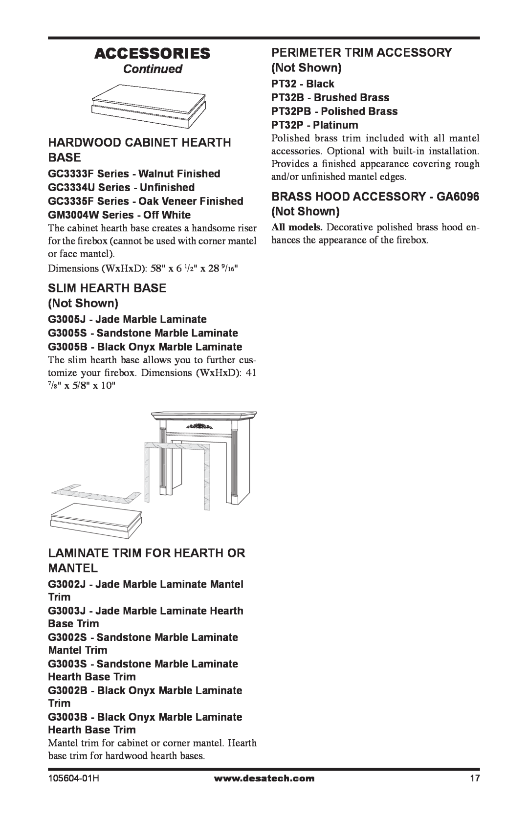 Vanguard Heating FB32NCA, FB32CA, NLFB32C, NLFB32NC Continued, Hardwood Cabinet Hearth Base, SLIM HEARTH BASE Not Shown 