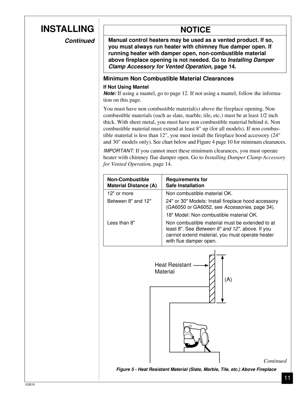 Vanguard Heating Gas Log Heater installation manual Minimum Non Combustible Material Clearances 