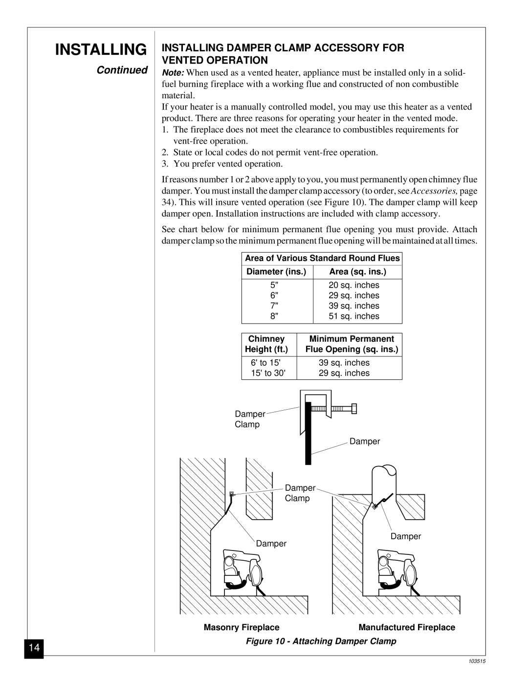 Vanguard Heating Gas Log Heater Installing Damper Clamp Accessory for Vented Operation, Attaching Damper Clamp 