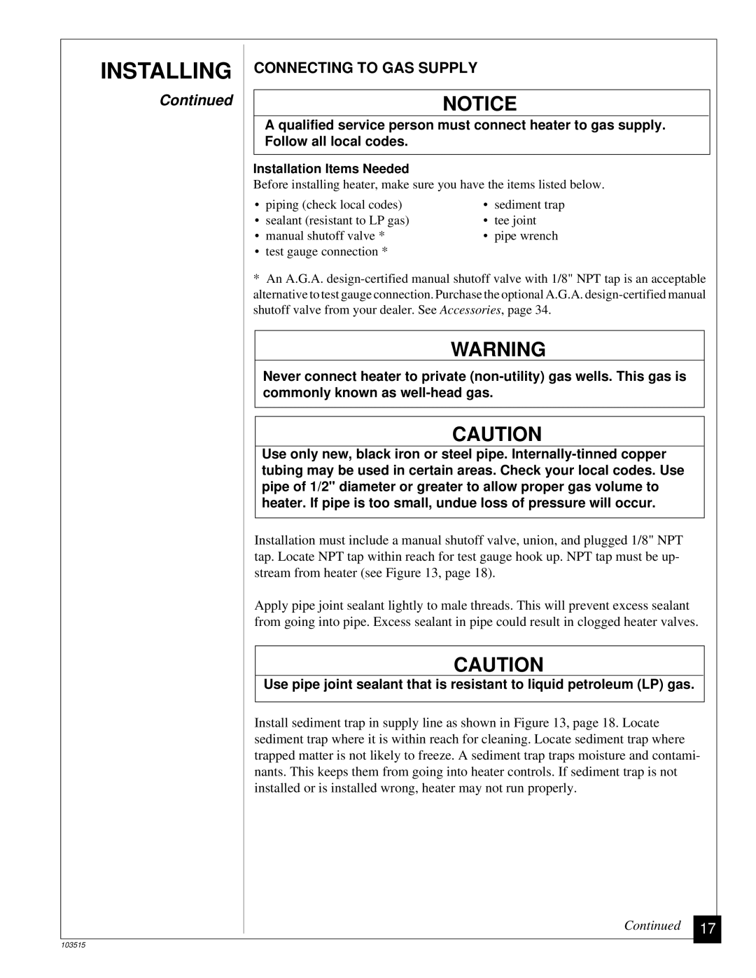 Vanguard Heating Gas Log Heater installation manual Connecting to GAS Supply, Installation Items Needed 