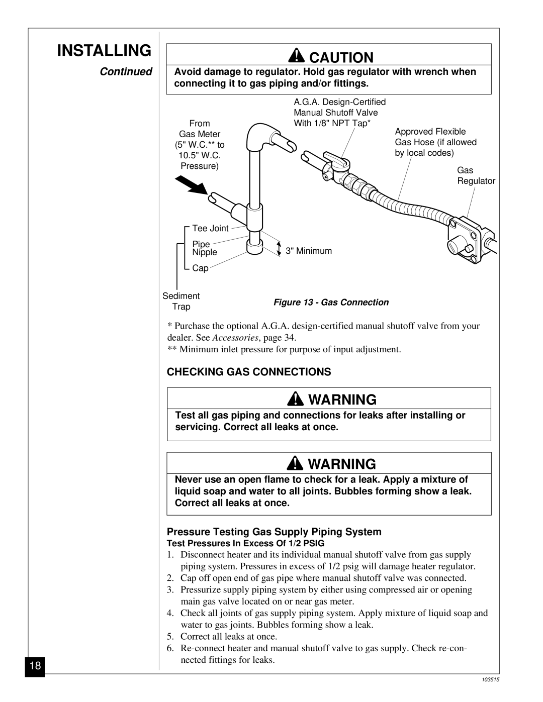 Vanguard Heating Gas Log Heater installation manual Checking GAS Connections, Gas Connection 