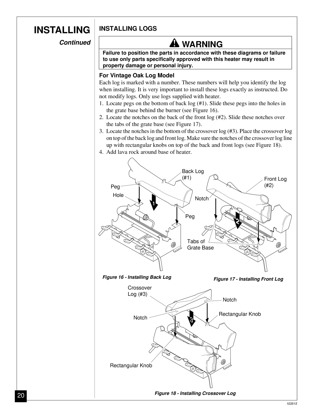 Vanguard Heating Gas Log Heater installation manual Installing Logs, For Vintage Oak Log Model 