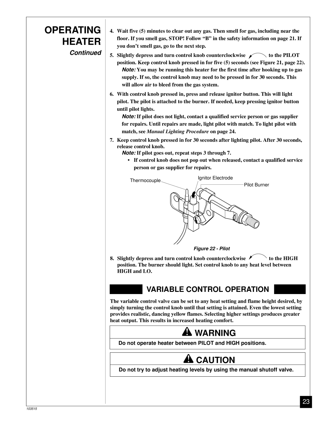 Vanguard Heating Gas Log Heater installation manual Variable Control Operation 