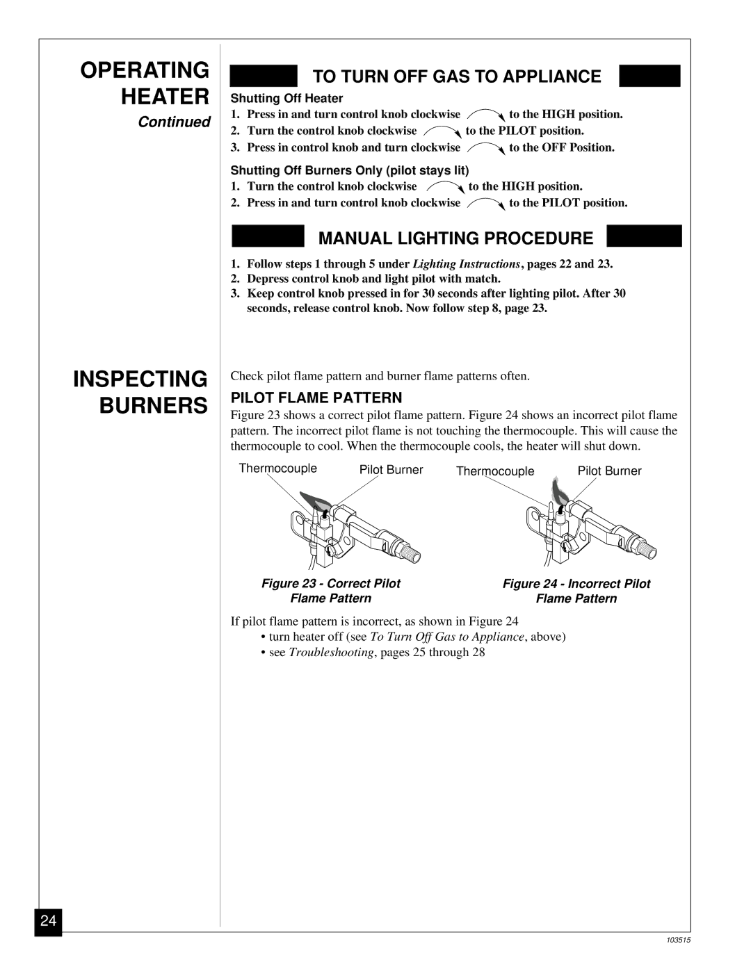 Vanguard Heating Gas Log Heater installation manual Operating Heater Inspecting Burners, Pilot Flame Pattern 