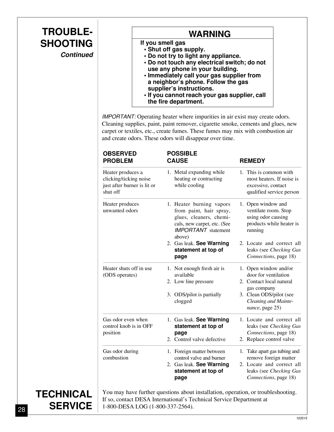 Vanguard Heating Gas Log Heater installation manual Technical Service, Statement at top 