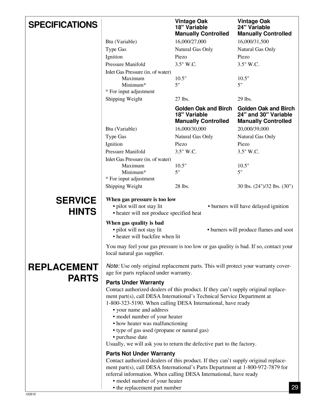 Vanguard Heating Gas Log Heater installation manual Service, Hints, Replacement Parts 