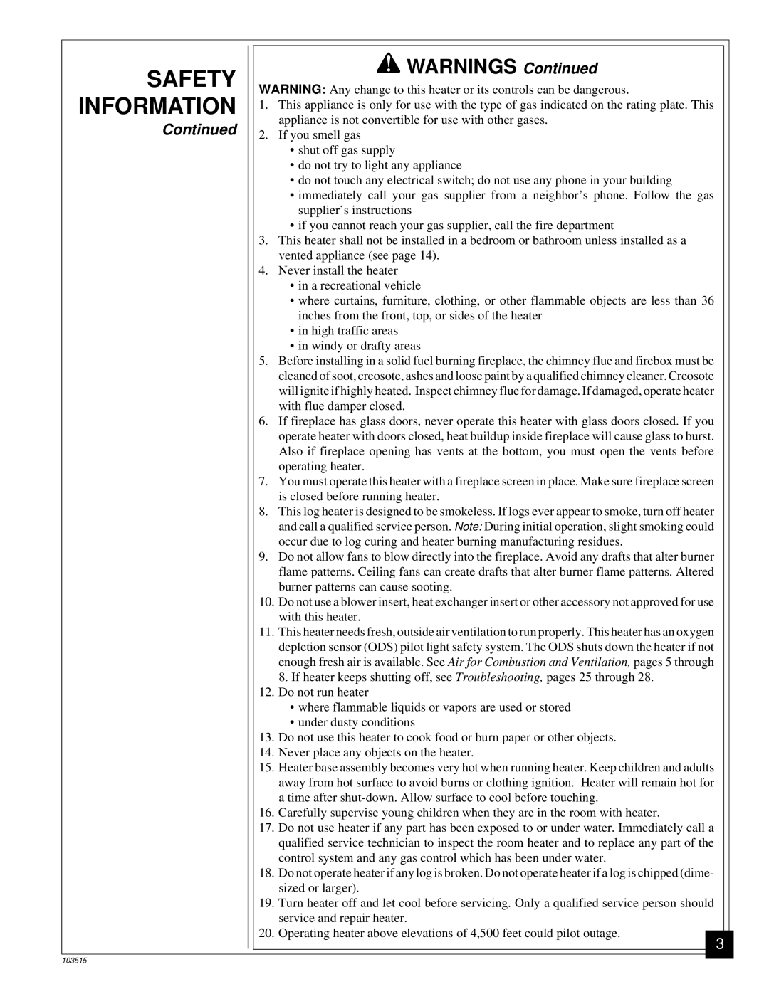 Vanguard Heating Gas Log Heater installation manual Safety, Information 