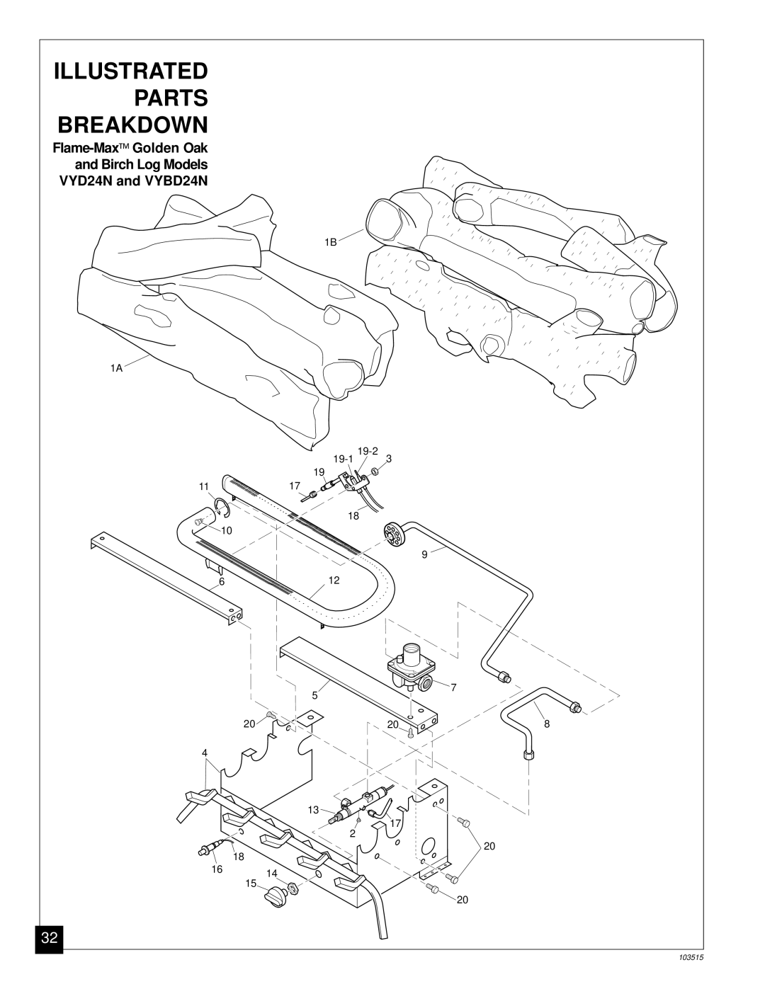 Vanguard Heating Gas Log Heater installation manual Flame-Max  Golden Oak Birch Log Models VYD24N and VYBD24N 