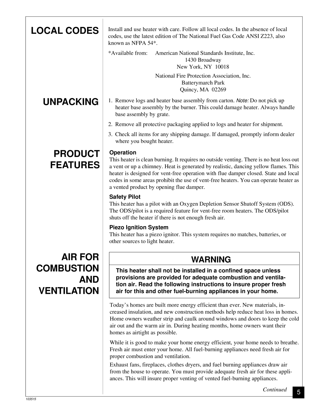 Vanguard Heating Gas Log Heater Local Codes, Unpacking, Product, Features, AIR for Combustion, Ventilation 