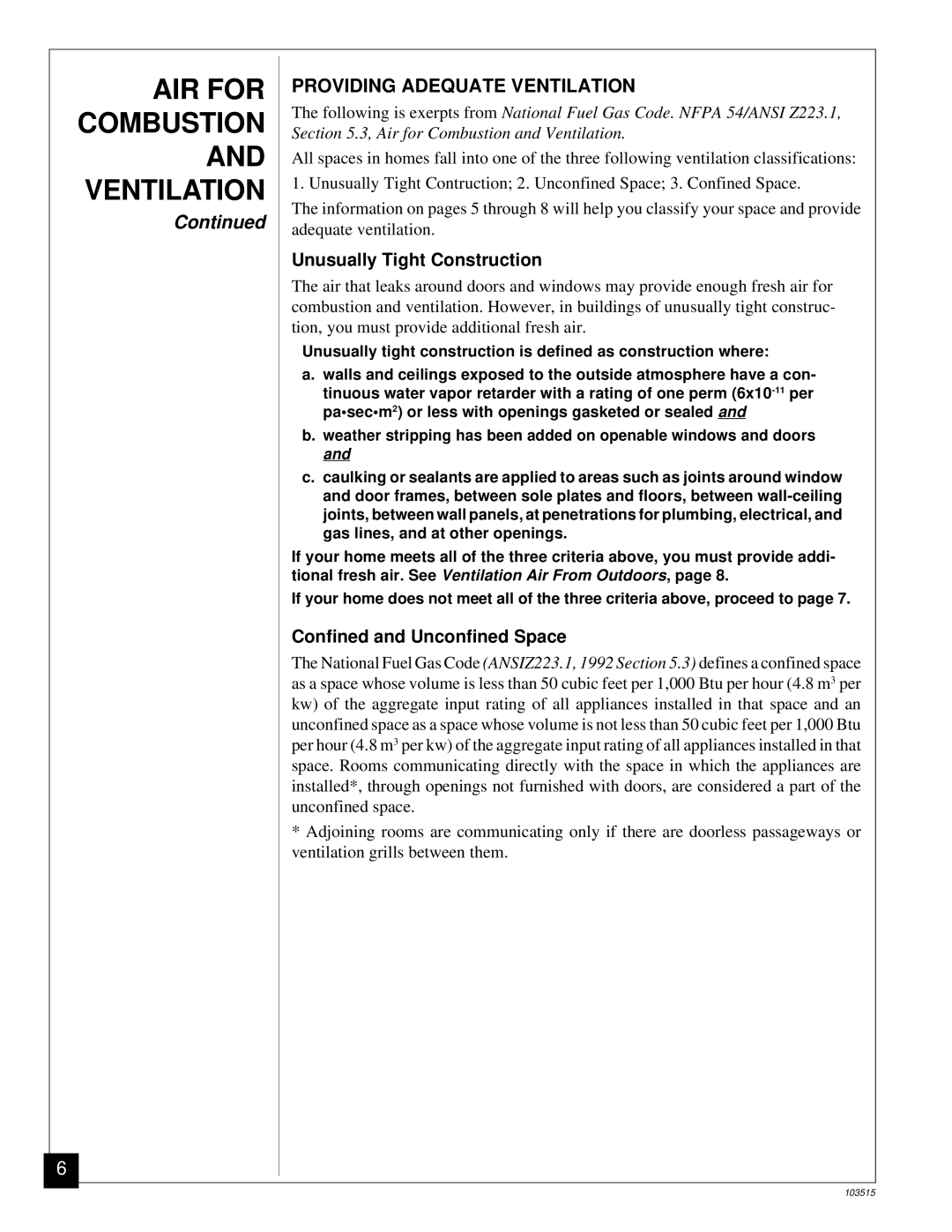 Vanguard Heating Gas Log Heater installation manual AIR for Combustion and Ventilation, Providing Adequate Ventilation 