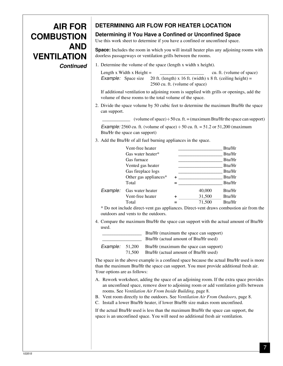 Vanguard Heating Gas Log Heater installation manual Determining AIR Flow for Heater Location 