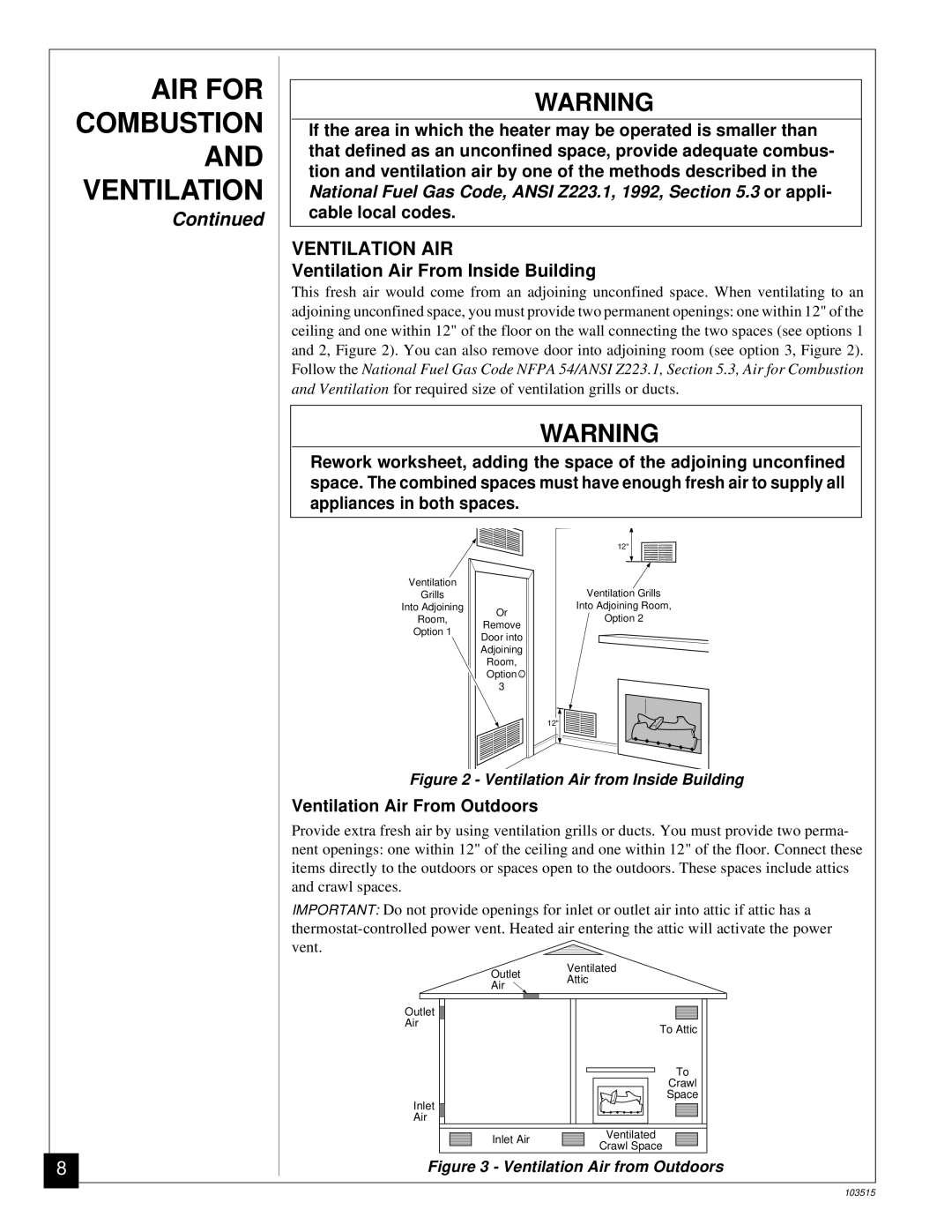 Vanguard Heating Gas Log Heater Ventilation AIR, Ventilation Air From Inside Building, Ventilation Air From Outdoors 