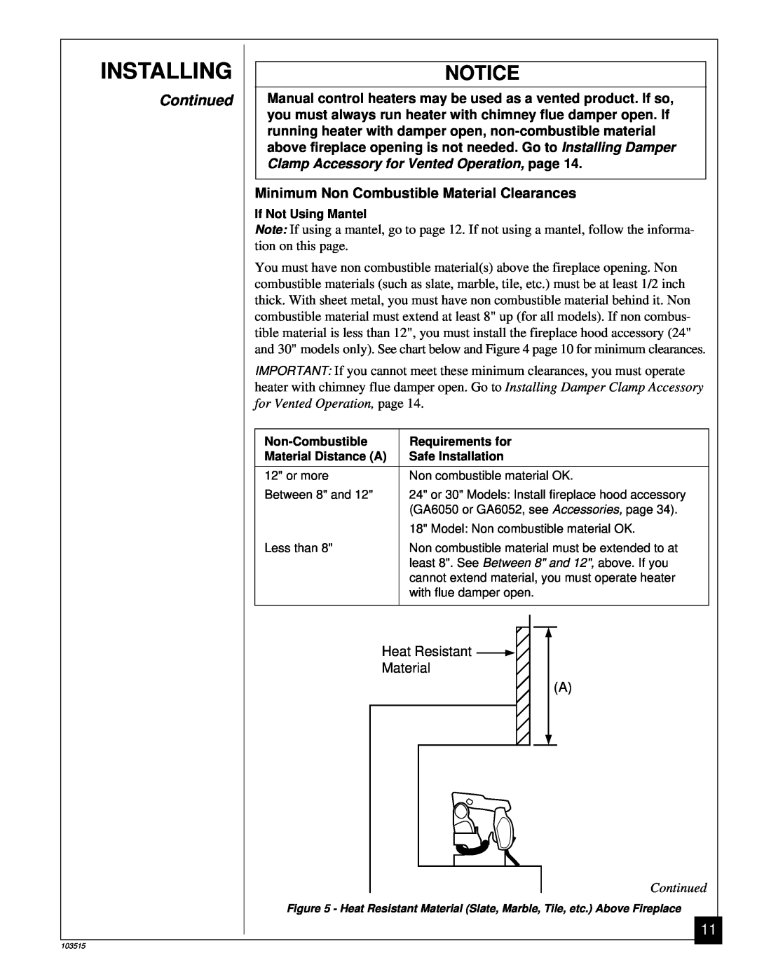 Vanguard Heating Gas Log Heater installation manual Heat Resistant Material A, Installing, Continued 