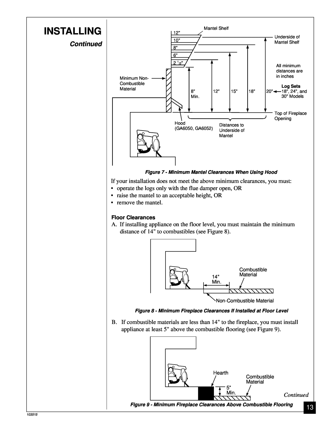 Vanguard Heating Gas Log Heater installation manual Installing, Continued 