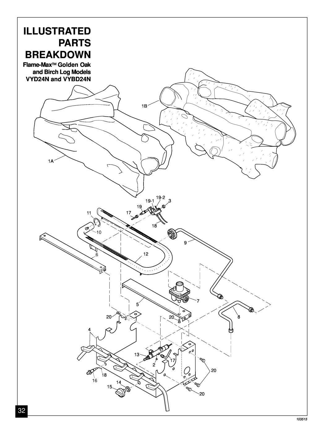 Vanguard Heating Gas Log Heater Illustrated, Parts, Breakdown, Flame-Max Golden Oak, and Birch Log Models 