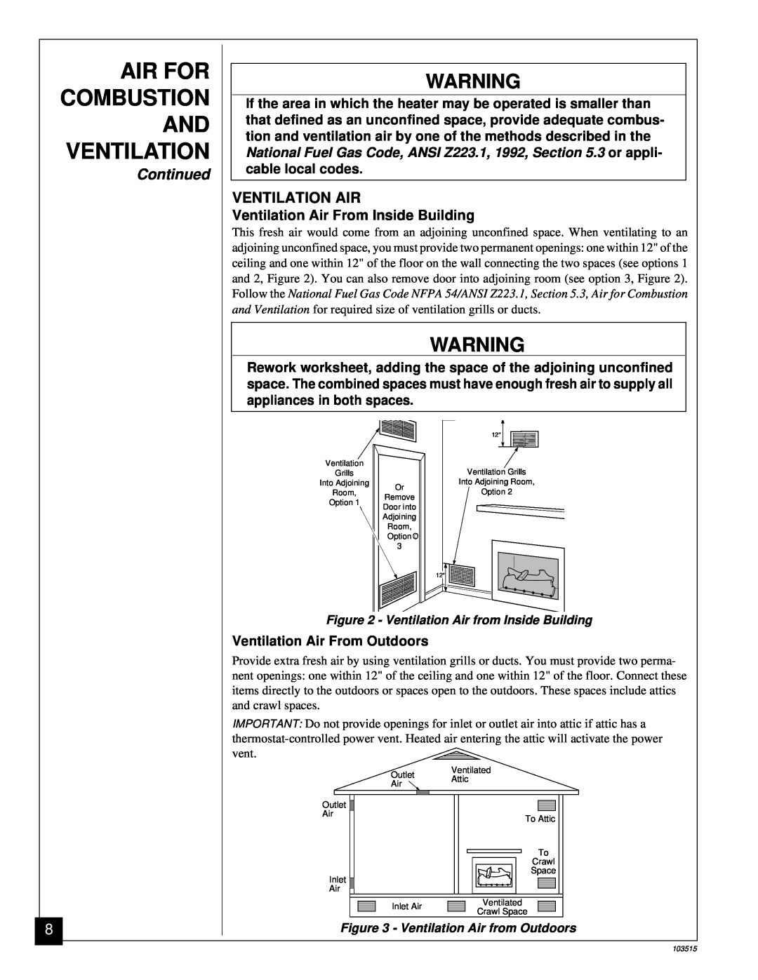 Vanguard Heating Gas Log Heater installation manual Ventilation Air, Air For Combustion And Ventilation, Continued 