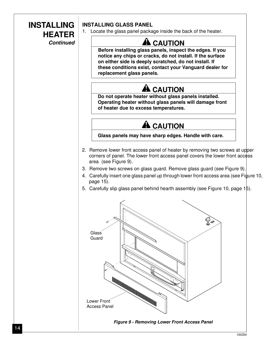 Vanguard Heating GVB50P, GVB35P installation manual Installing Glass Panel, Removing Lower Front Access Panel 