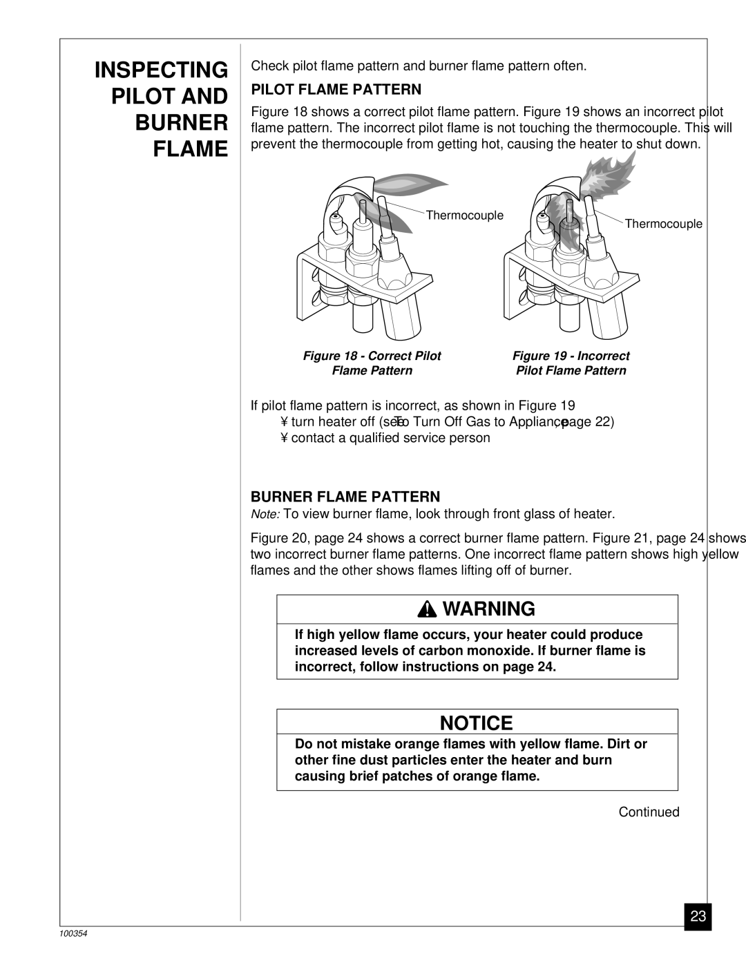 Vanguard Heating GVB35P, GVB50P Inspecting Pilot and Burner Flame, Pilot Flame Pattern, Burner Flame Pattern 