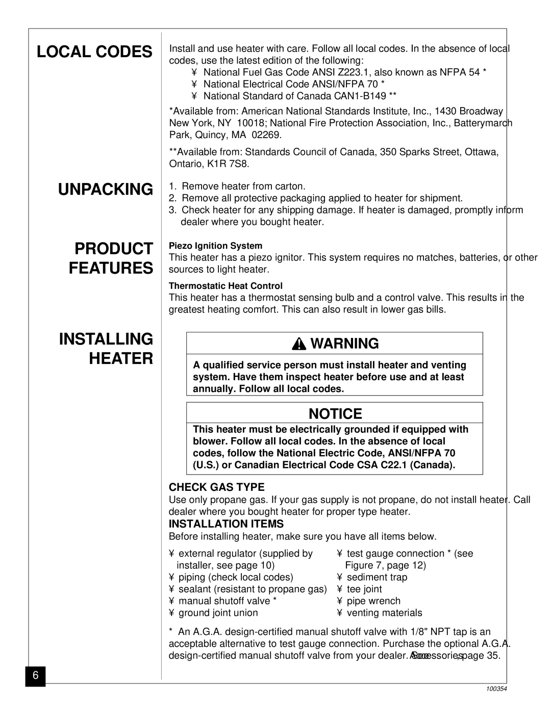 Vanguard Heating GVB50P, GVB35P installation manual Unpacking, Product, Features, Installing Heater, Local Codes 