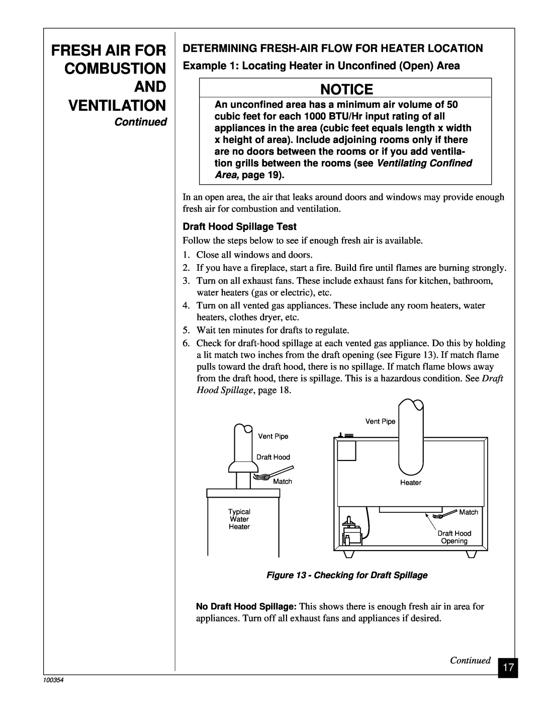 Vanguard Heating GVB35P, GVB50P installation manual Combustion, Ventilation, Fresh Air For, Continued 