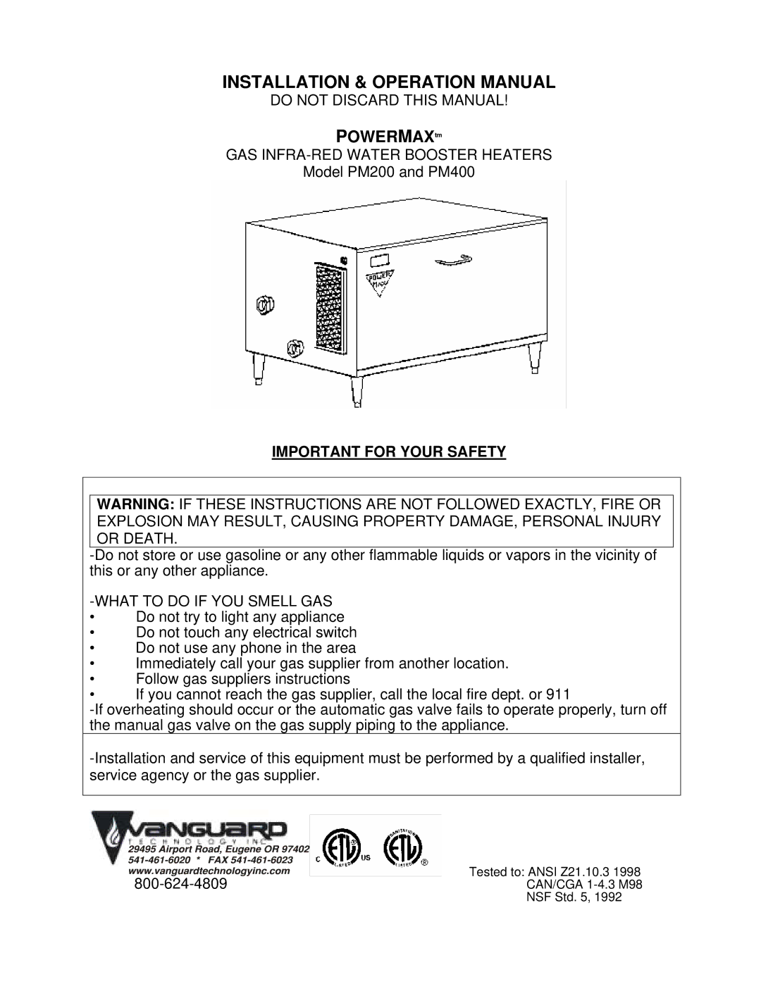 Vanguard Heating PM400, PM200 operation manual Do not Discard this Manual, GAS INFRA-RED Water Booster Heaters 