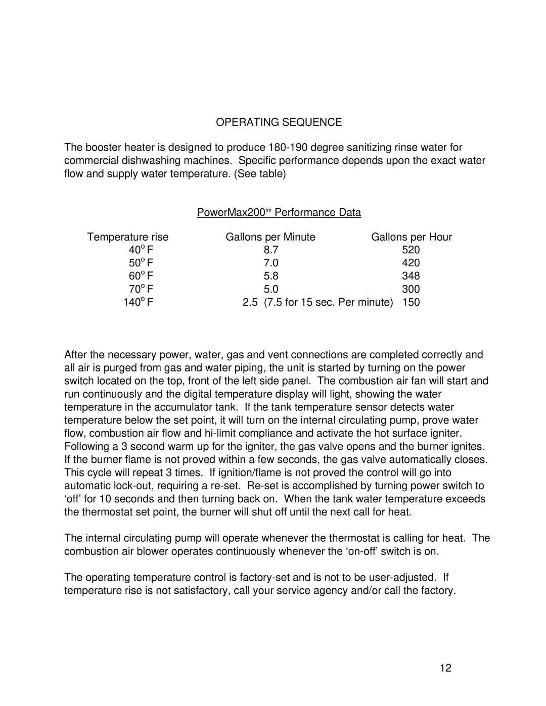 Vanguard Heating PM200, PM400 operation manual Operating Sequence 